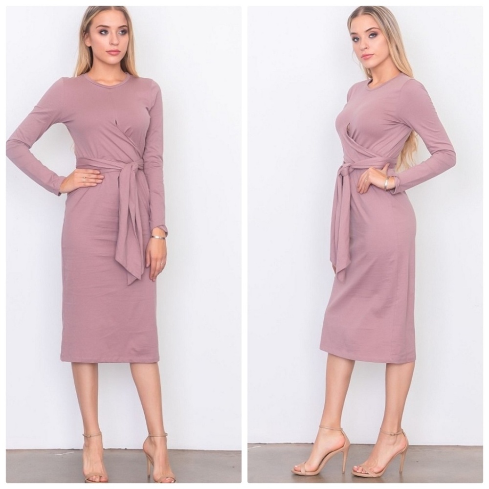 Faux Sarong Style Tie Front Jersey Midi Dress